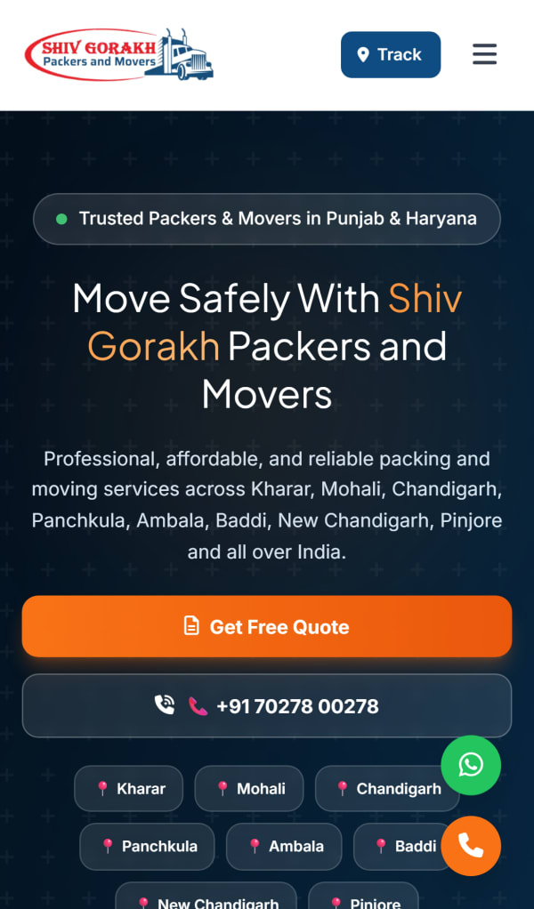 Shiv Gorakh Packers and Movers website on a phone: a Get Free Quote button, a tap-to-call number, the areas served as buttons, and floating WhatsApp and call buttons.