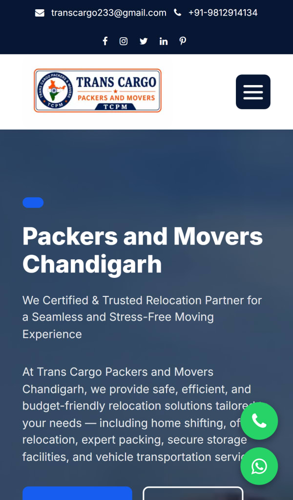 Trans Cargo Packers and Movers website on a phone: "Packers and Movers Chandigarh" headline with phone, email and social links at the top and floating call and WhatsApp buttons.