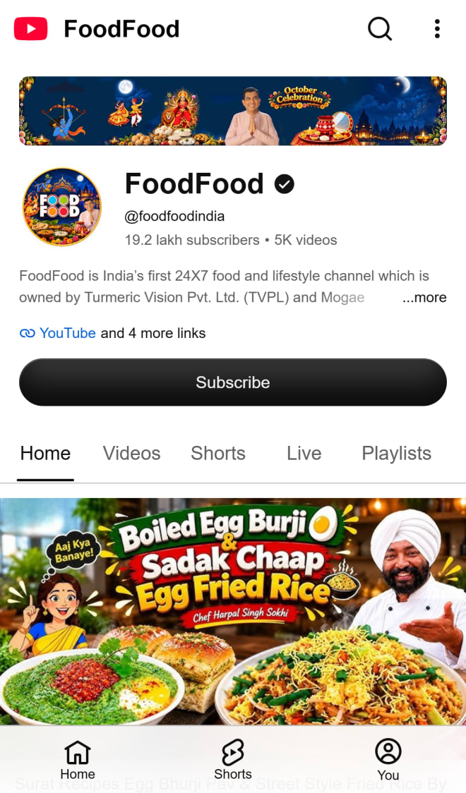 FoodFood YouTube channel on a phone: verified, 19.2 lakh subscribers and 5K videos, with a recipe video thumbnail below the channel header.