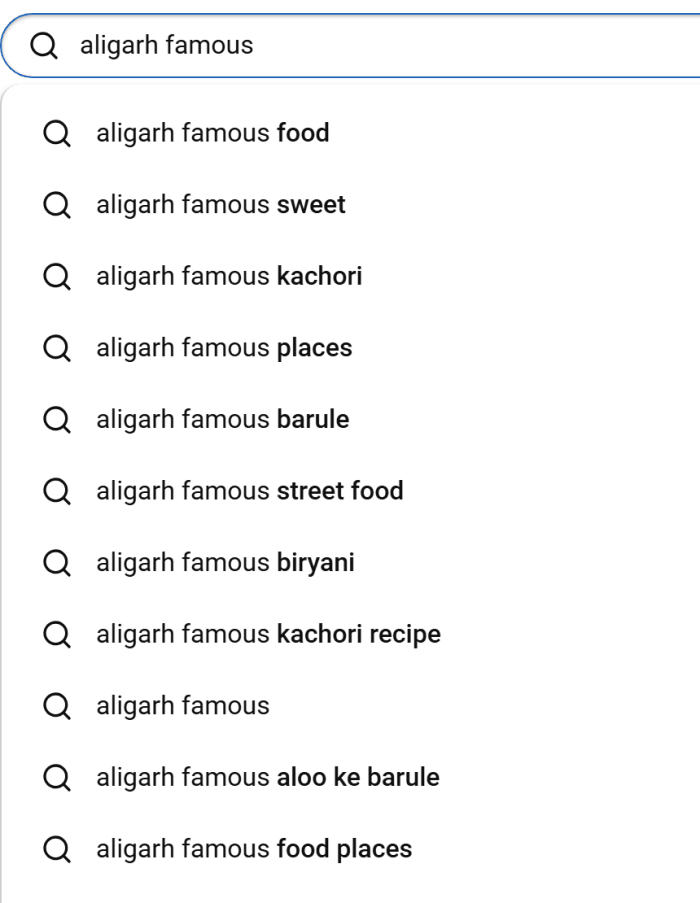 YouTube search box with "aligarh famous" typed and suggestions: food, sweet, kachori, places, barule, street food, biryani, kachori recipe, aloo ke barule and food places.
