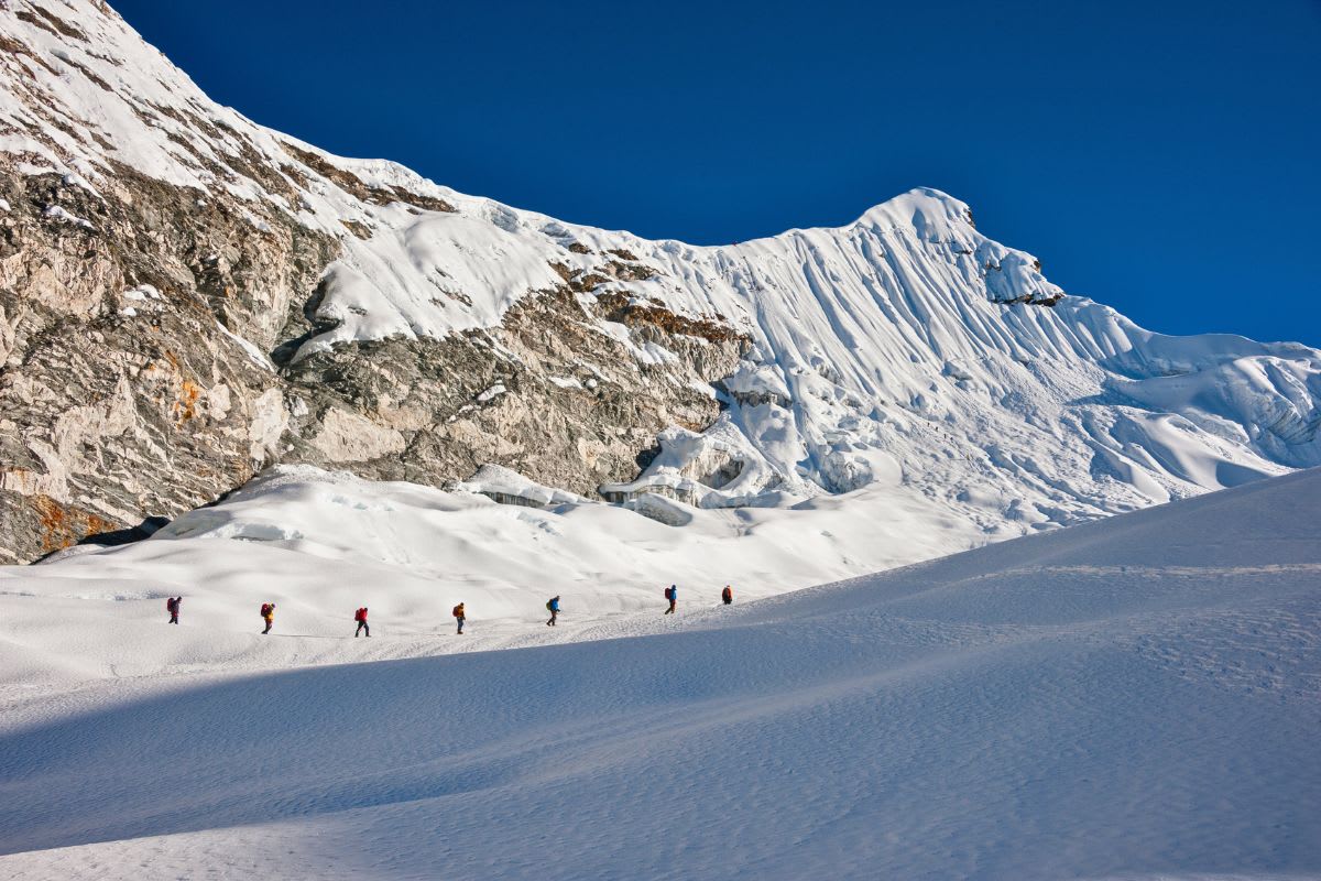Fixed-rope headwall on the Island Peak climb above base camp