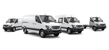 Four white Sprinter Cargo and Crew Vans side by side