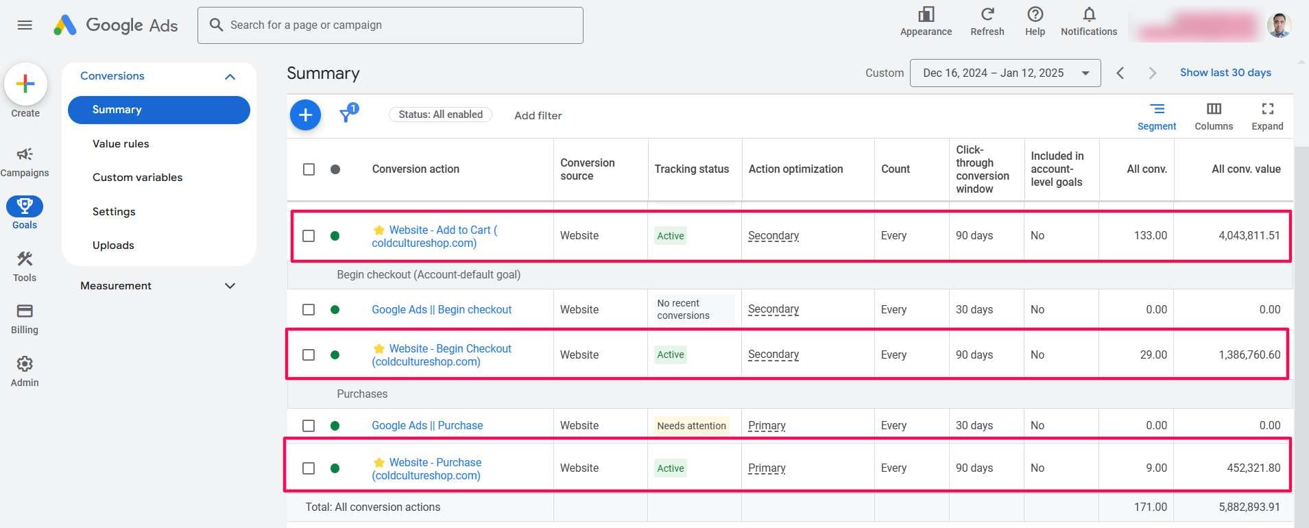 Google Ads, Conversions summary, Dec 16, 2024 – Jan 12, 2025 (values in account currency)