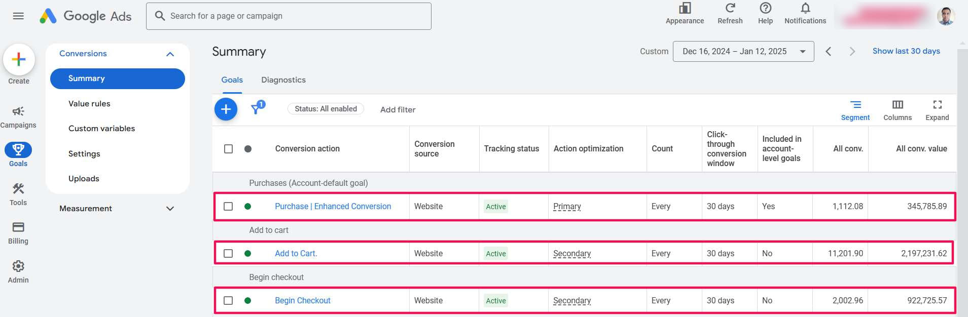 Google Ads, Conversions summary, Dec 16, 2024 – Jan 12, 2025 (values in account currency)