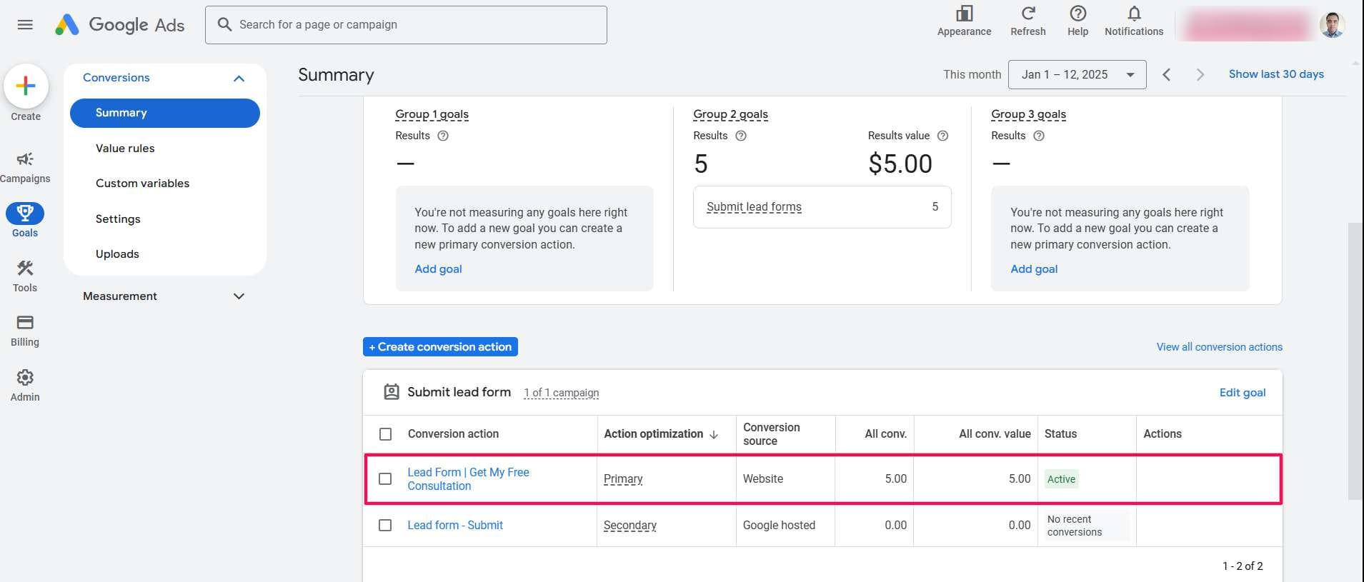 Google Ads, Conversions summary, Jan 1 – 12, 2025