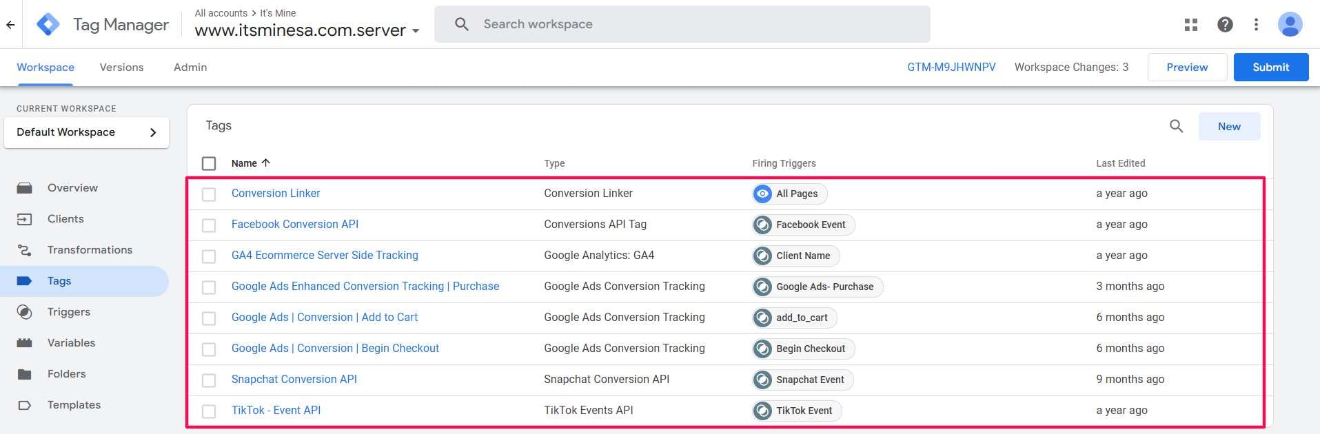 Server-side GTM setup, itsminesa.com: Google Ads Enhanced Conversions alongside Meta, GA4, Snapchat and TikTok