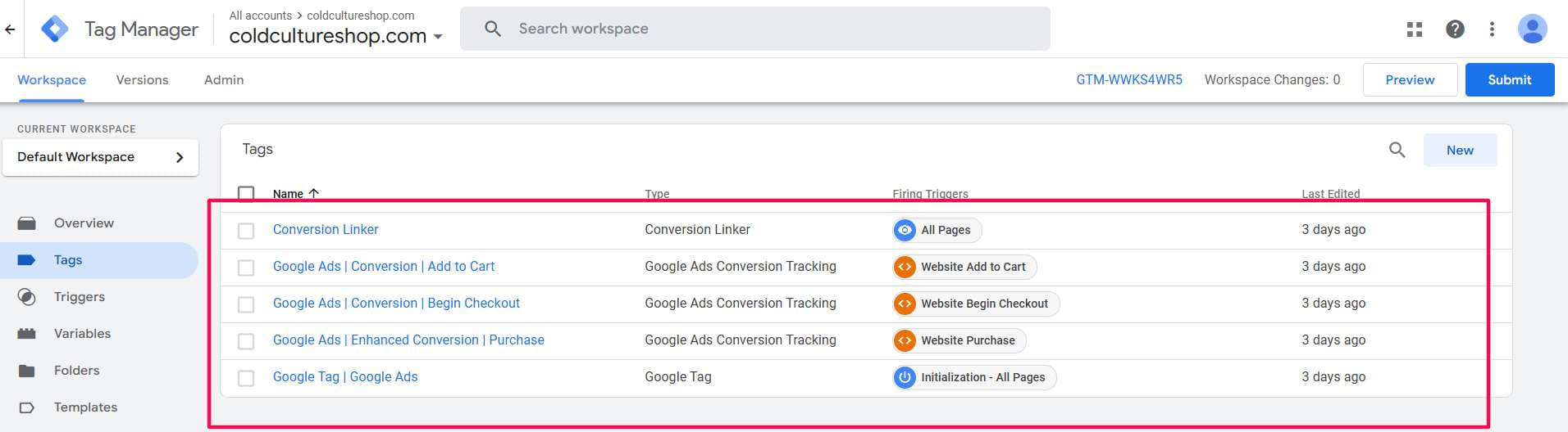 Web GTM setup, coldcultureshop.com: Google Tag, Conversion Linker and a tag for each funnel step