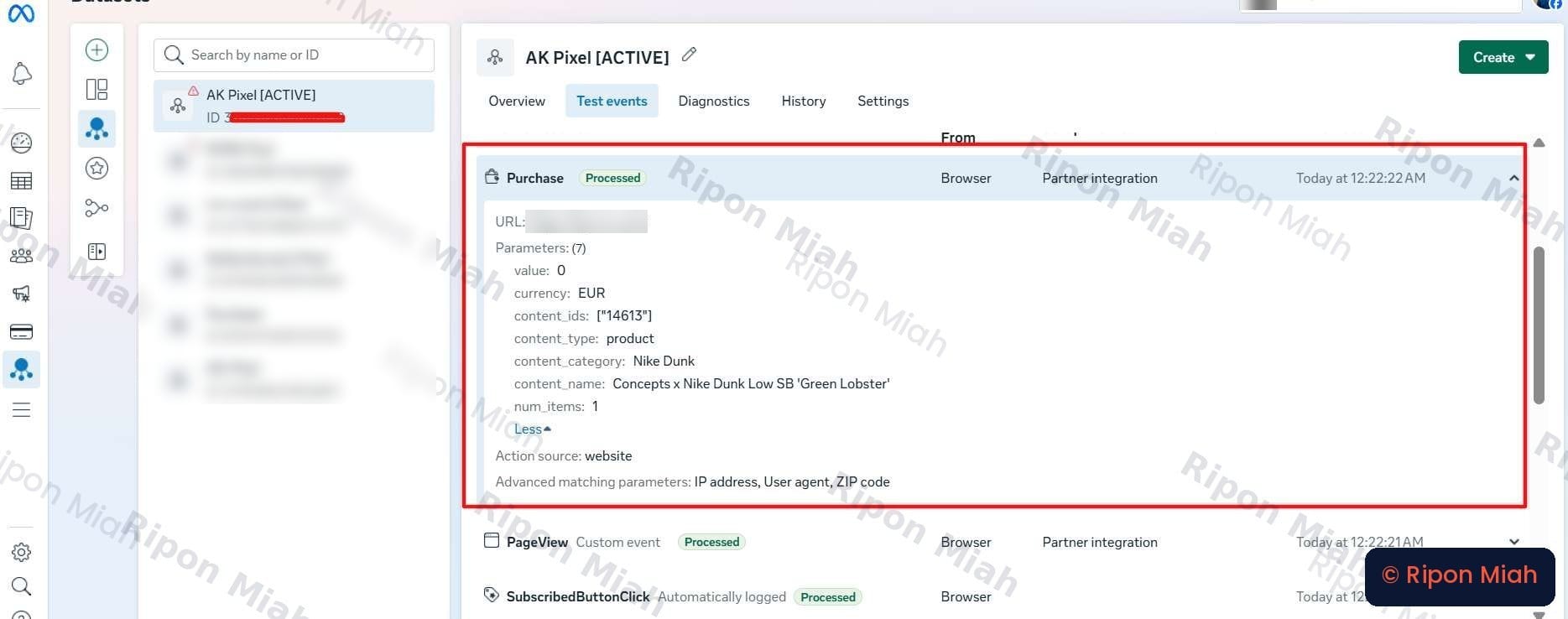 Evidence 02 · Purchase event detail: 7 parameters, action source website, advanced matching active.