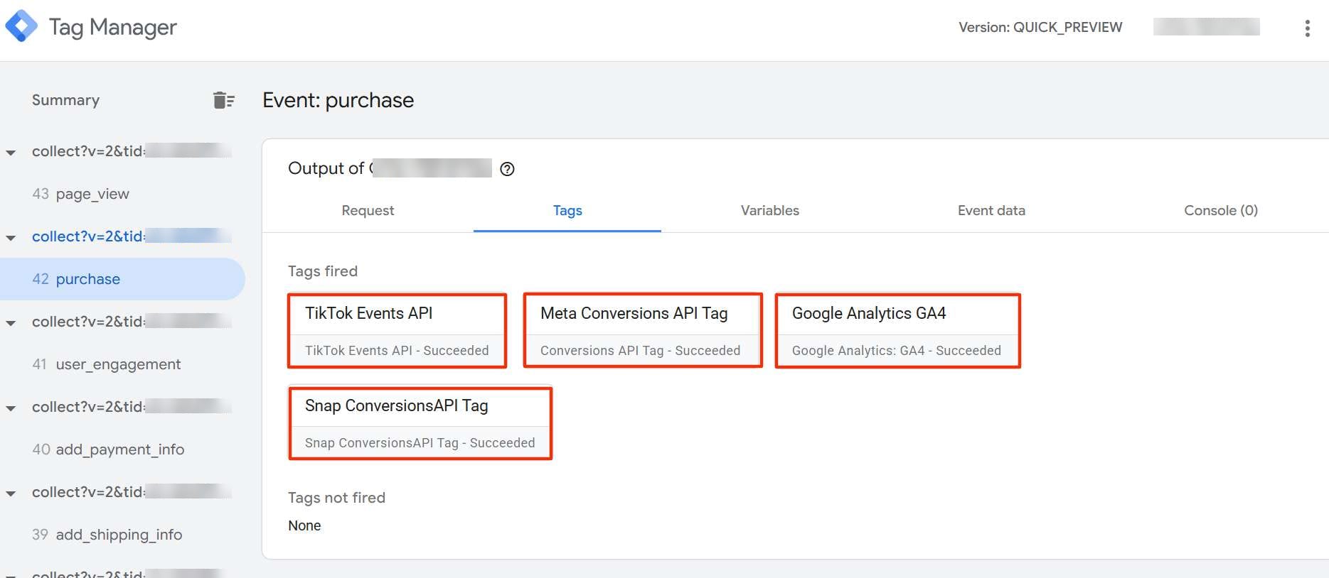 Server-side GTM preview on Stape: one purchase event firing four server tags (TikTok Events API, Meta CAPI, GA4, Snap CAPI), all Succeeded