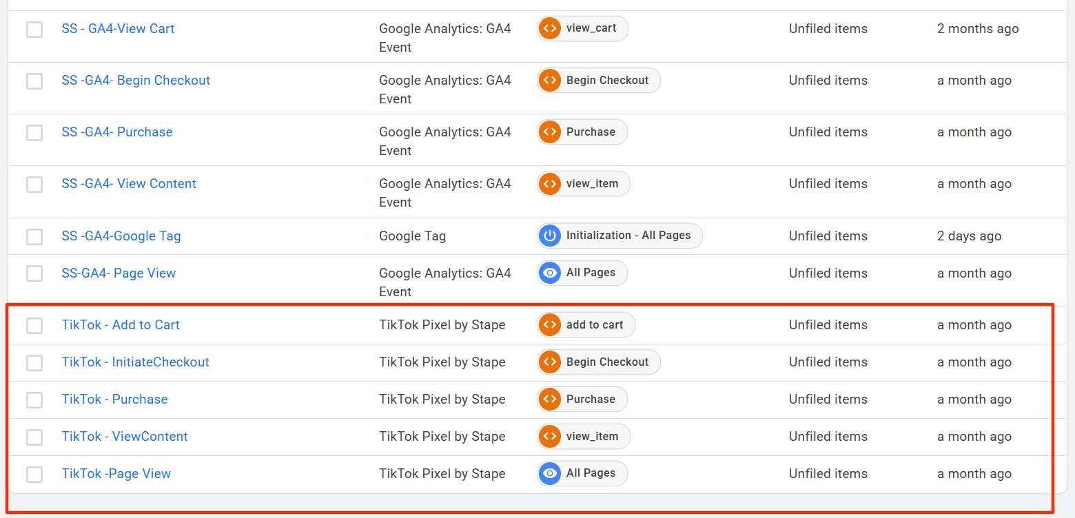 Google Tag Manager, web container: TikTok tags built with Stape's template, alongside the GA4 tags that feed the server