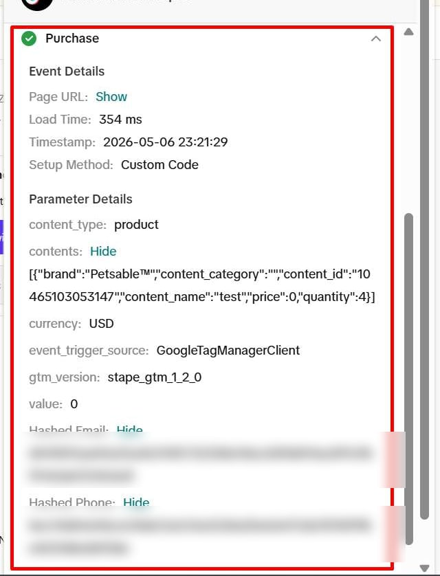 TikTok Pixel Helper: Purchase with product data, plus hashed email and hashed phone