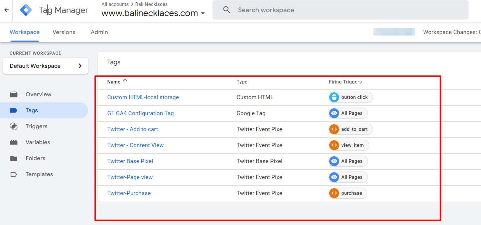 Bali Necklaces: Base Pixel and four event tags alongside GA4, plus a custom HTML helper tag