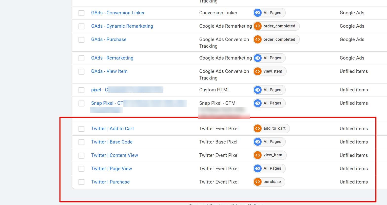 X Pixel tags alongside Google Ads remarketing and the Snap Pixel