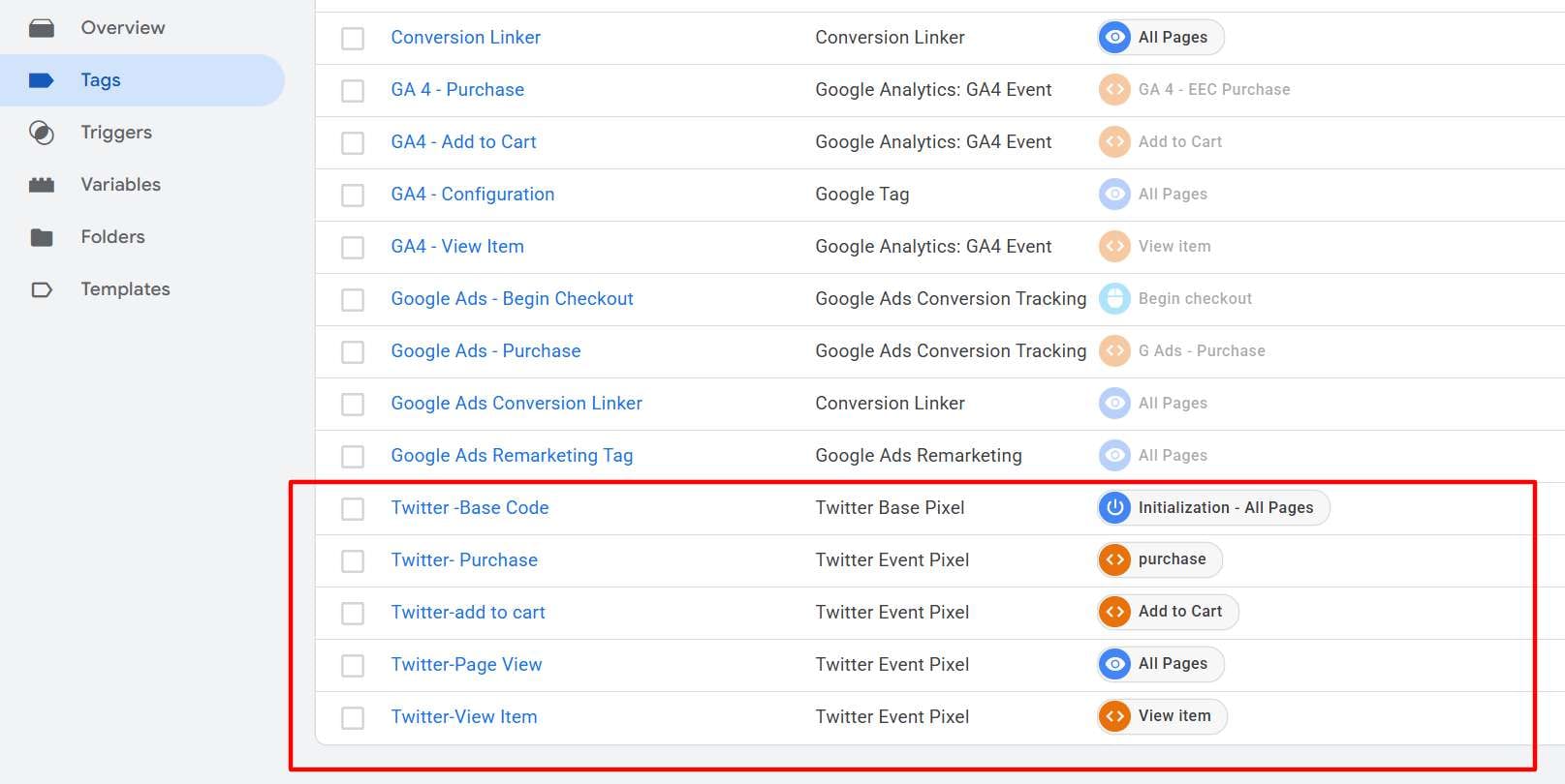 X Pixel tags built alongside GA4 and Google Ads in the same container