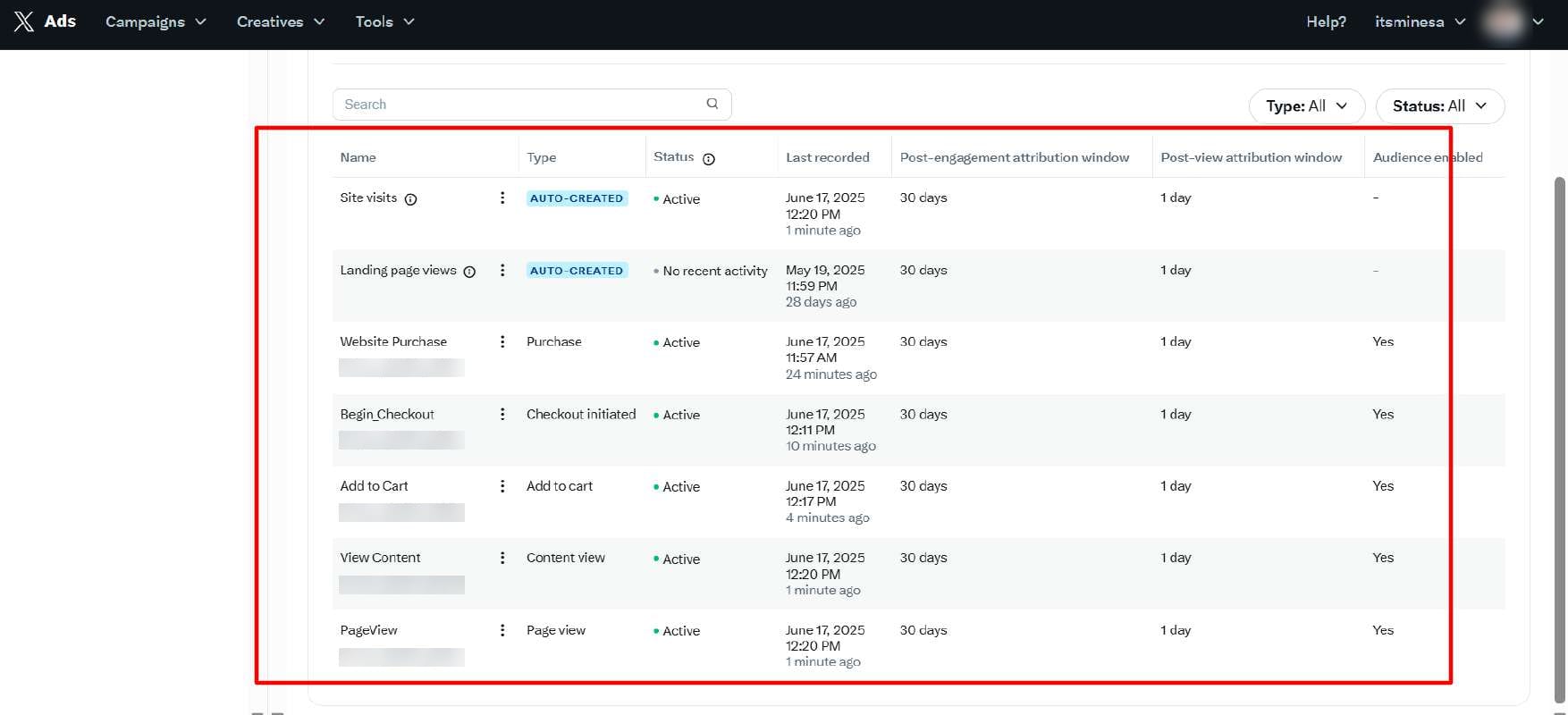 X Ads Events Manager, Itsmine: website purchase, checkout, add to cart, content view and page view, all Active