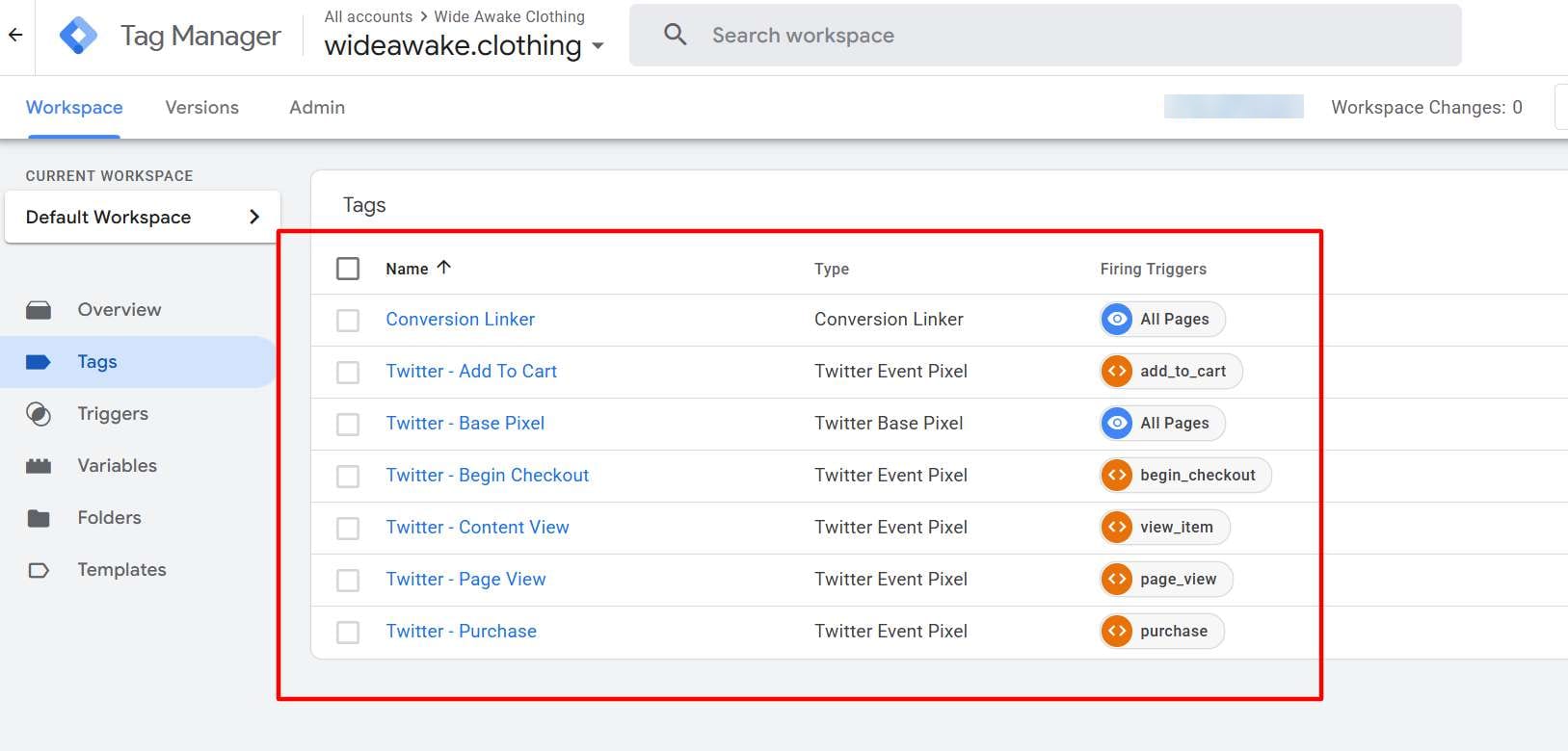 Wide Awake Clothing: Base Pixel plus five event tags, including begin checkout