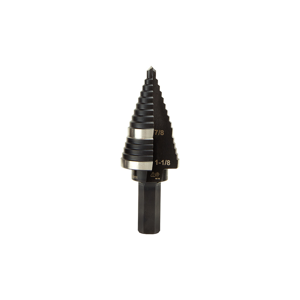 KTSB11 Step Drill Bit 7 8 in Dia Min Hole 1 1 8 in Dia Max Hole 2 Steps High Speed Steel 2 Hole Sizes 3 8 in Shank