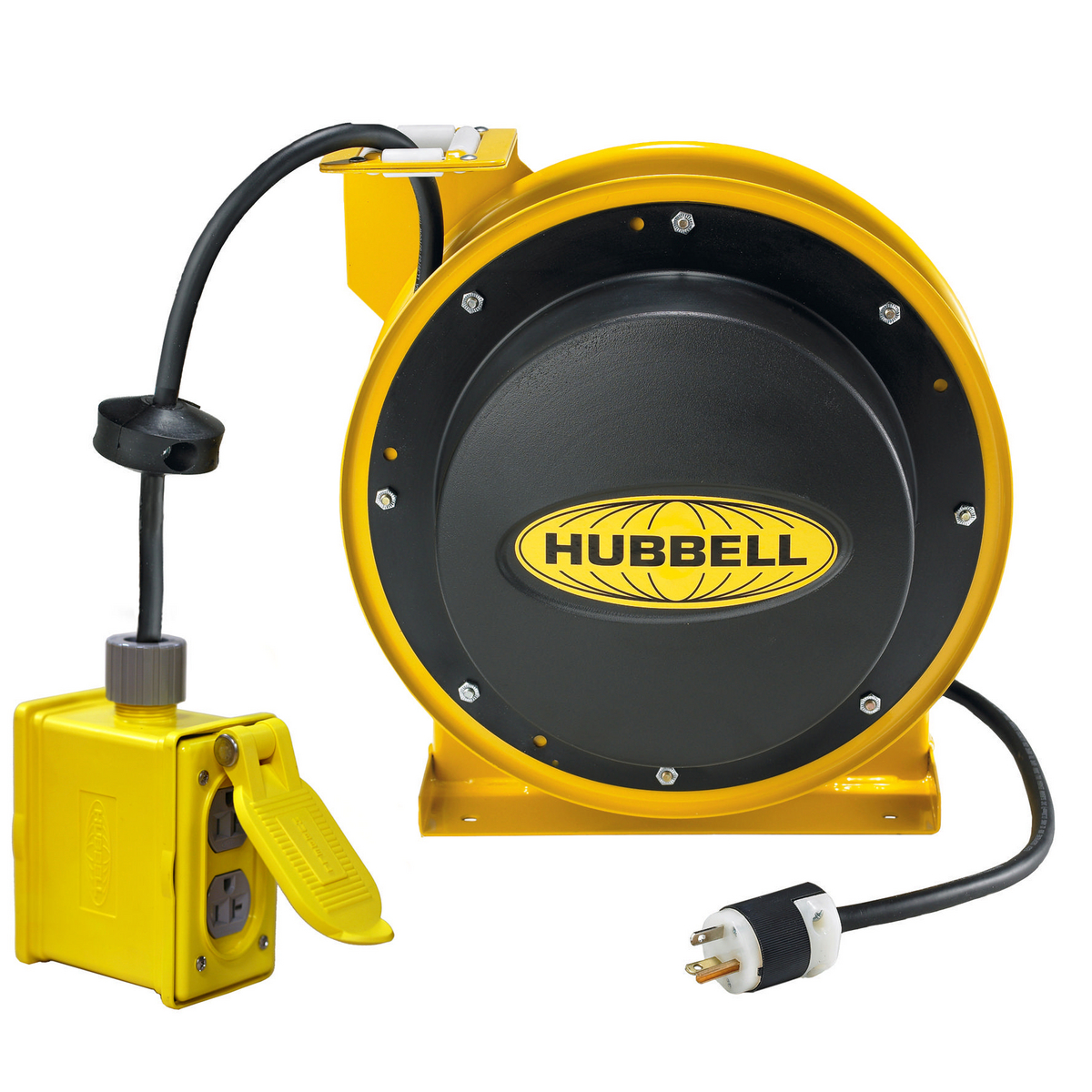 HBL45123R220 Heavy Duty Power Cord Reel With Portable Outlet Box, 125 VAC,  20 A, 45 ft L Cord, 12 to 3 AWG Conductor