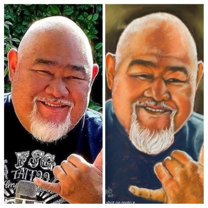 Reference photograph beside the finished drawing
