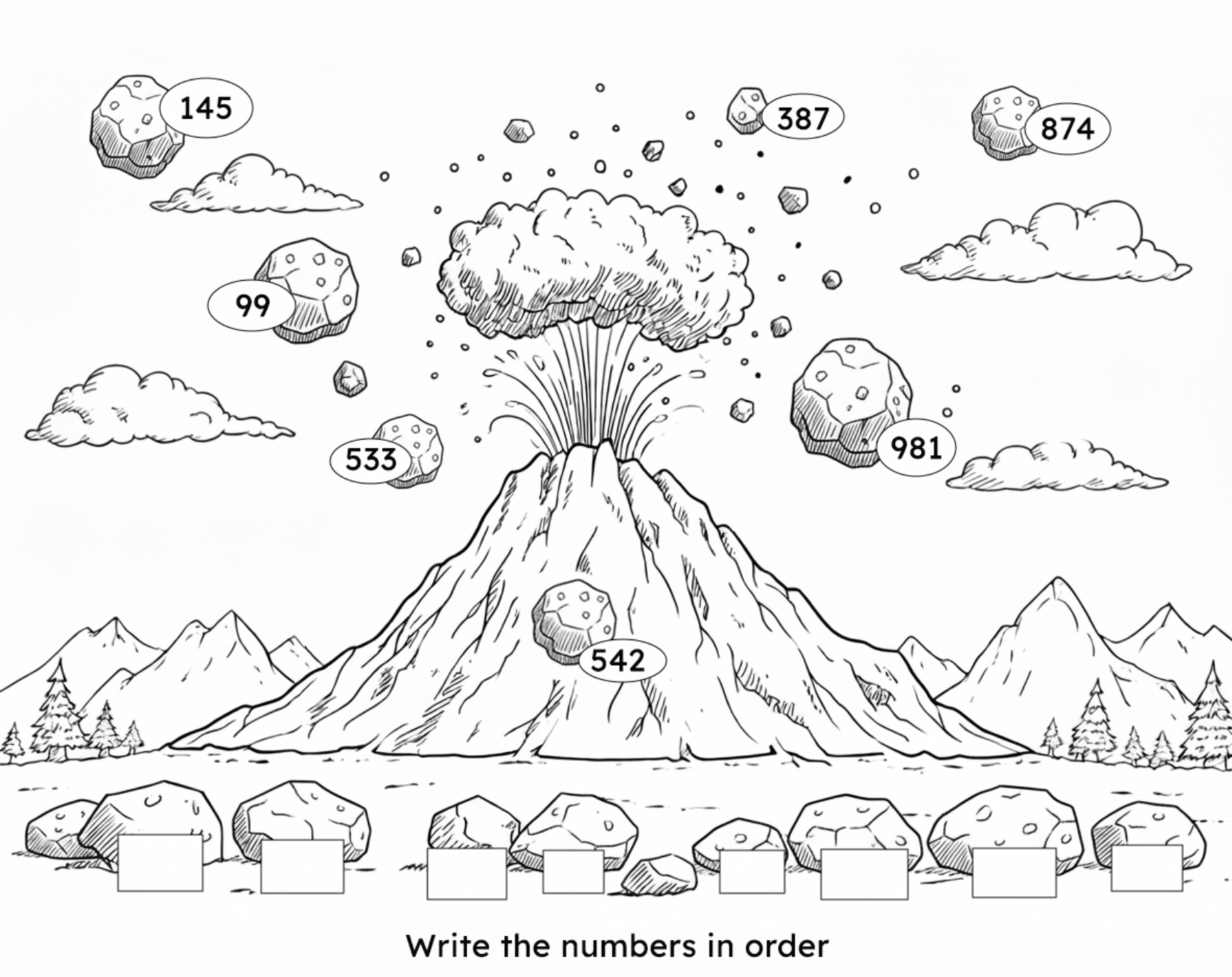 Volcano maths worksheet - big numbers version