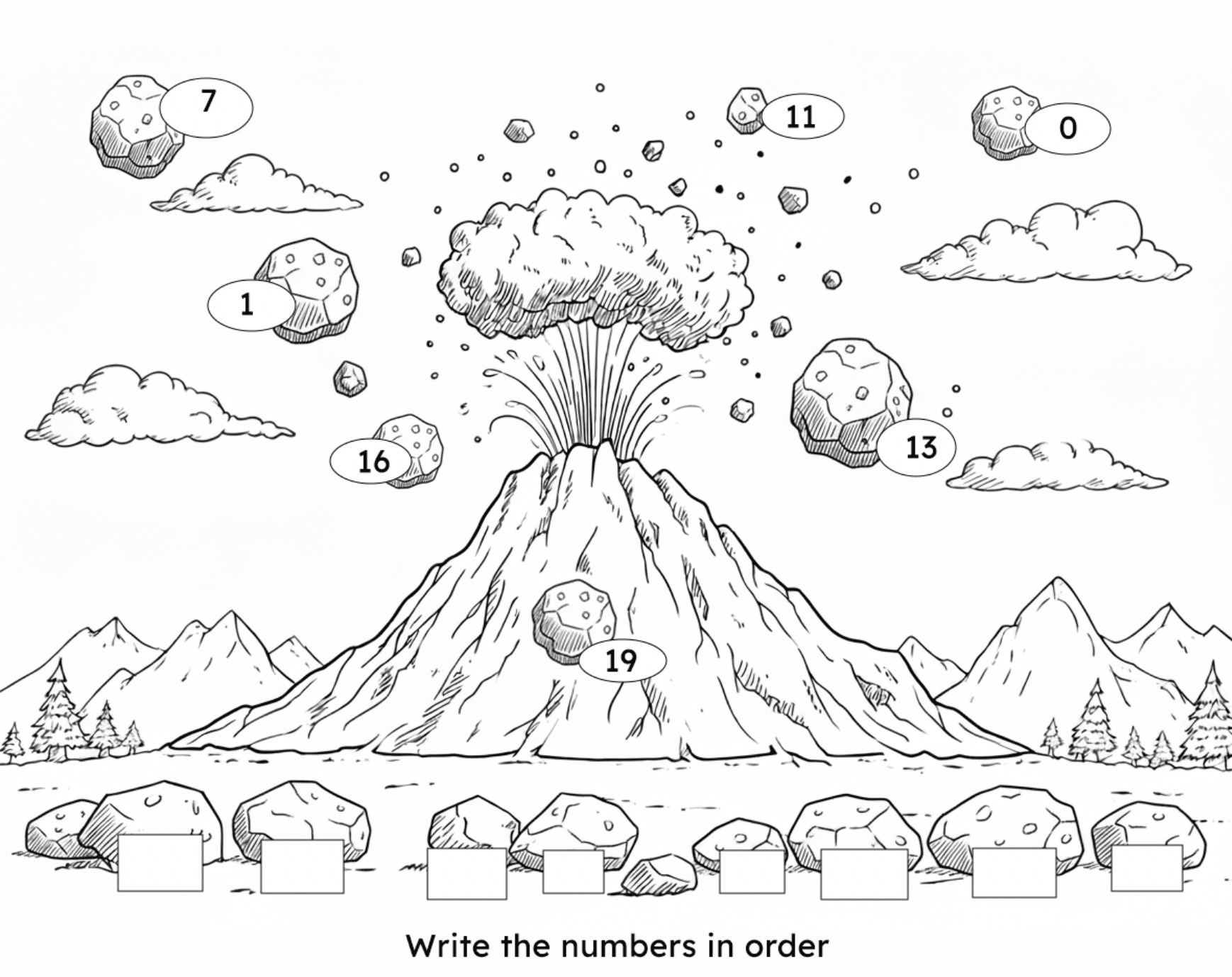 Volcano maths worksheet - small numbers version