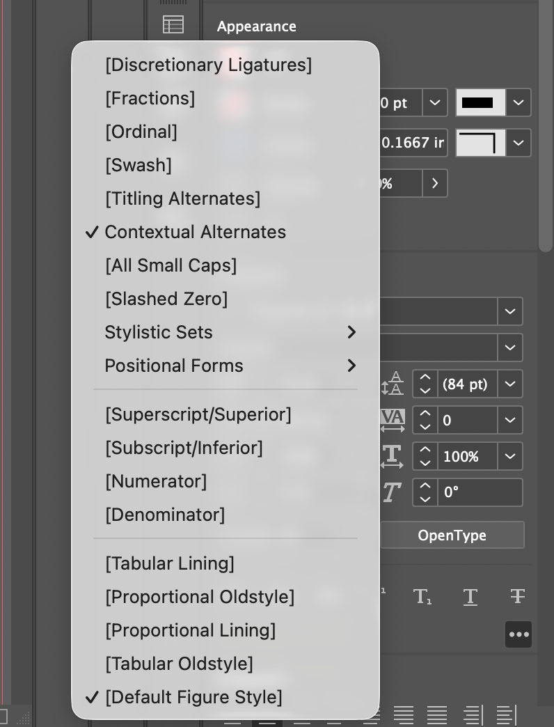 InDesign Character panel OpenType options - these won't fix Playwrite cursive joining