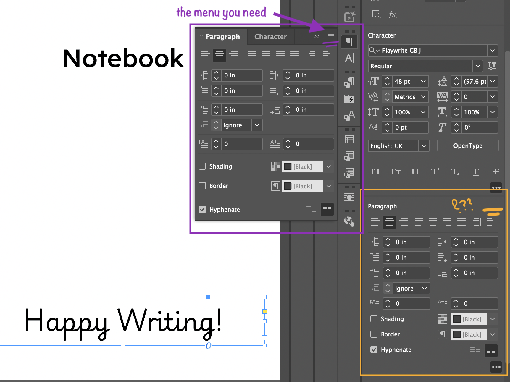 Comparison of InDesign Properties panel vs Window Paragraph panel showing missing flyout menu