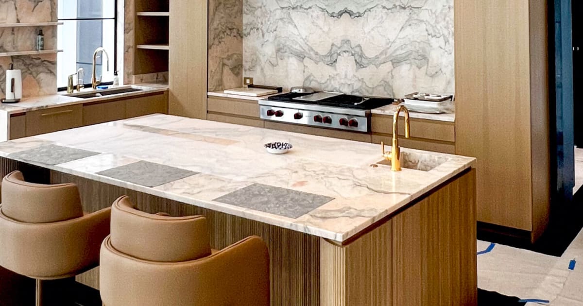 Reeded Kitchen Island with White Oak Cabinets and Marble Counters — MDM ...