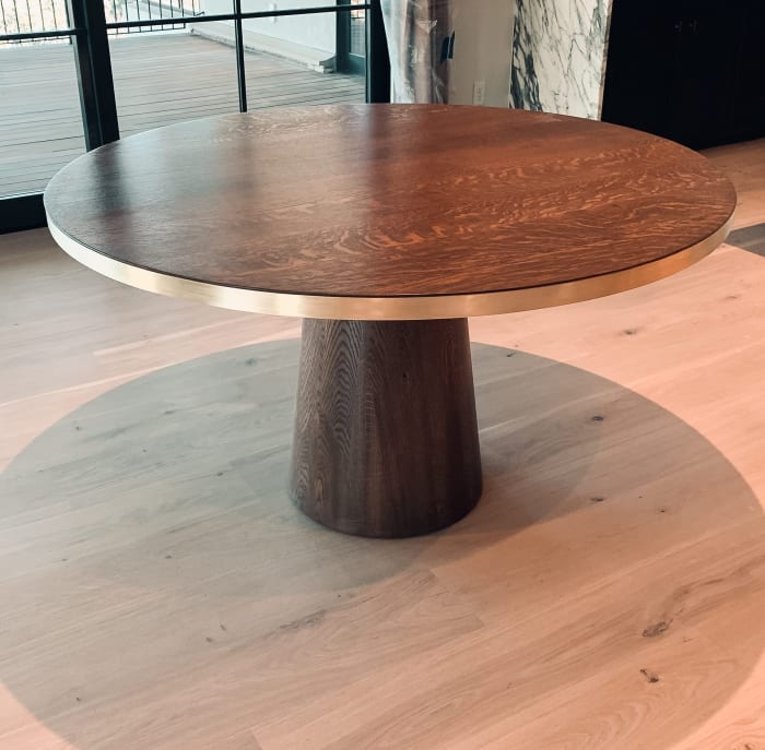 Round Walnut Dining Table with Brass Edge