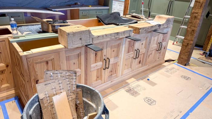 Kitchen Island Installation with Reclaimed Beam Top