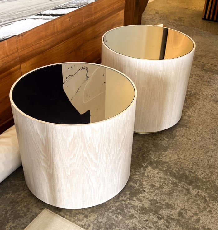 Two Round End Tables with High Gloss Tops