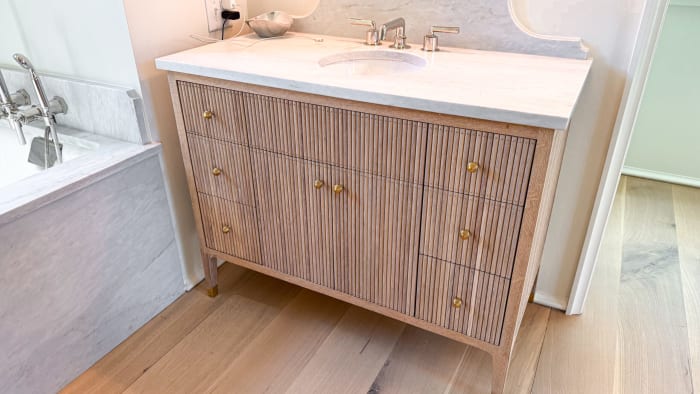 Fluted White Oak Vanity with Marble Top