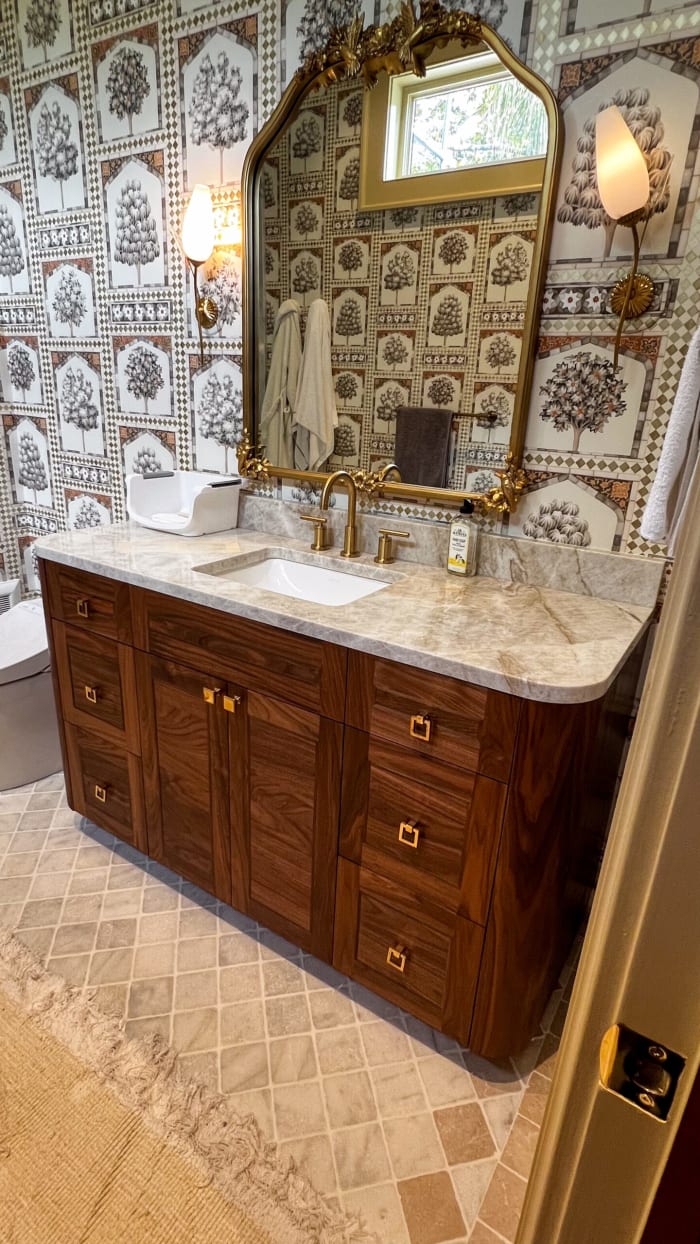 Traditional Walnut Bathroom Vanity with Ornate Mirror
