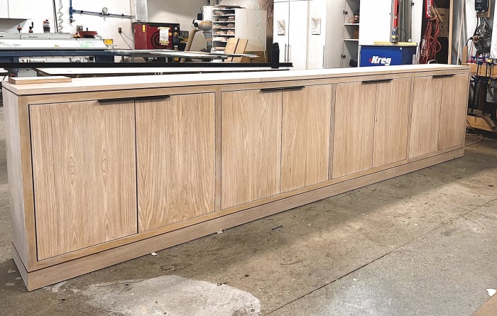Hidden TV Lift in White Oak Credenza
