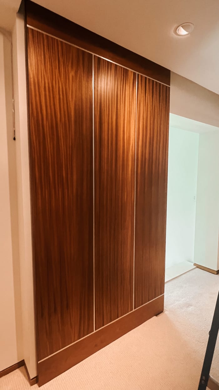 Massive Ribbon Striped Mahogany & Stainless Steel Sliding Door