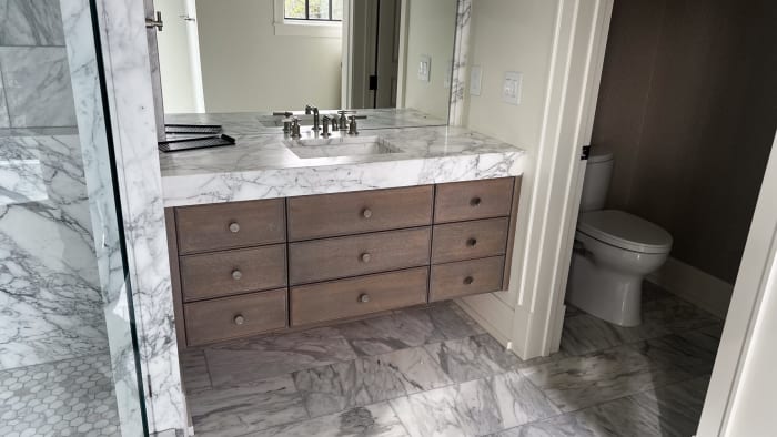 Grayed Oak Floating Vanity with Marble Counters