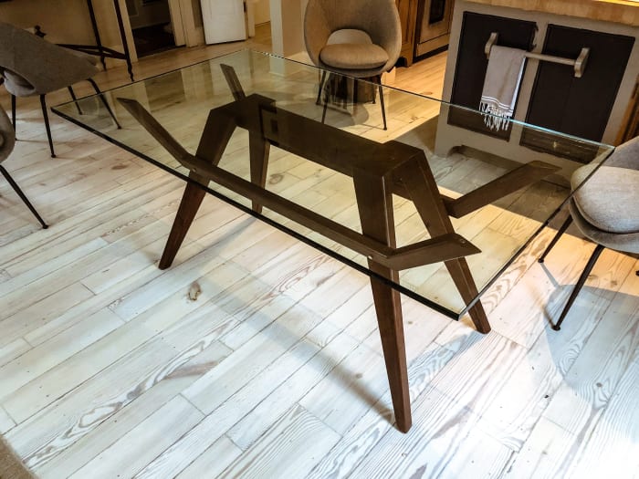 Glass Table with Modern Walnut Base