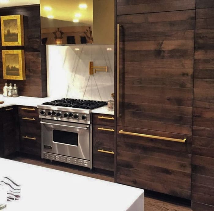 Walnut Kitchen Cabinets with Gold Accents