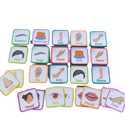Juegos de mesa y memorice bilingüe de emociones y cuerpo · Bilingual memory and board games for emotions and body parts