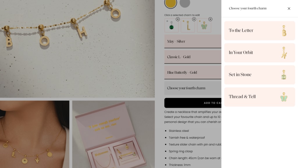 In the background, four selected charms for a custom Bohomoon necklace are shown, while in the open drawer the user can choose their fourth charm from four groups: To the Letter, In Your Orbit, Set in Stone, and Thread & Tell.