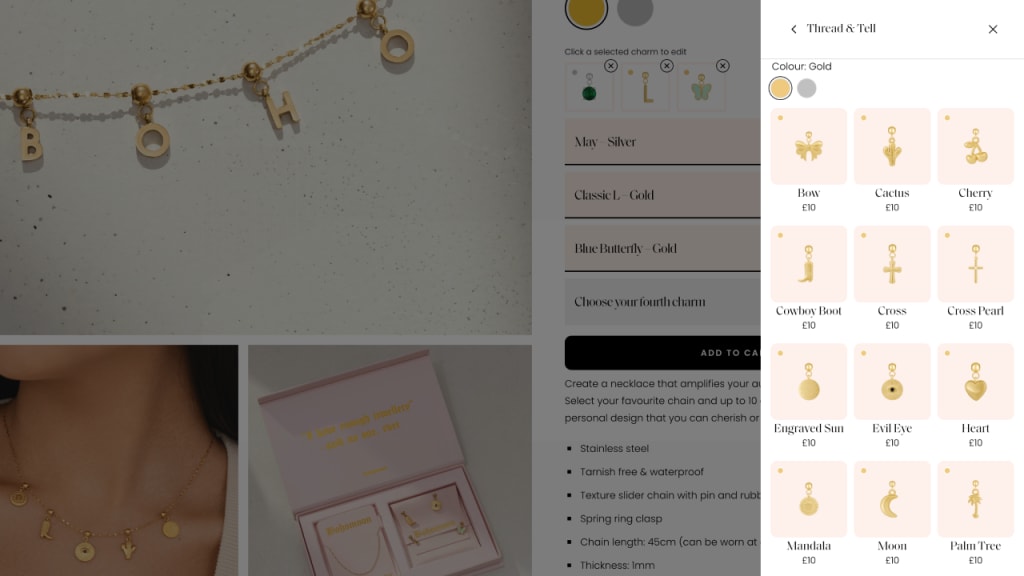 Bohomoon charm selection panel for the 'Thread & Tell' category, showing multiple gold charm options such as bow, cactus, cherry, cowboy boot, cross, evil eye, and moon.