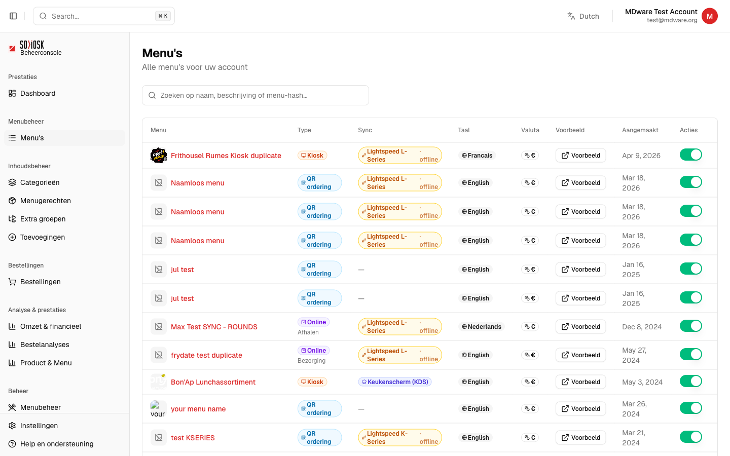 Het menu-overzicht met type, sync, taal, valuta en de online-schakelaar