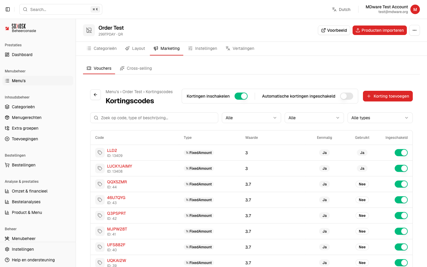 Marketing-tabblad met kortingscodes en de knop Korting toevoegen