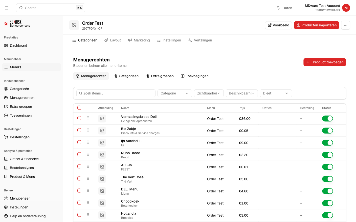 De lijst met menugerechten met zoekveld, filters en statusschakelaars