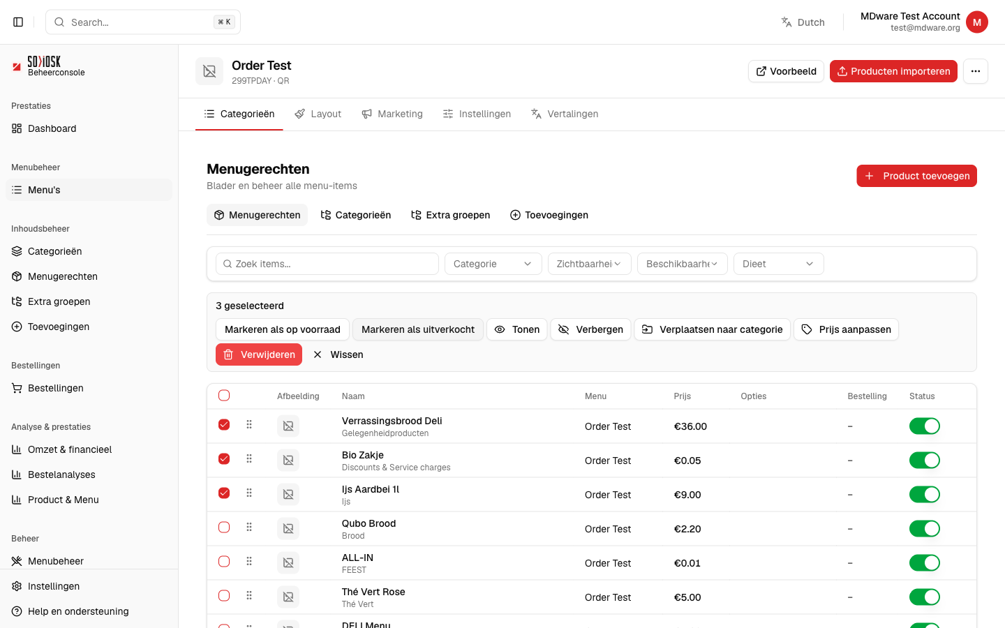 De bulkactiebalk met opties zoals uitverkocht markeren, verbergen en prijs aanpassen