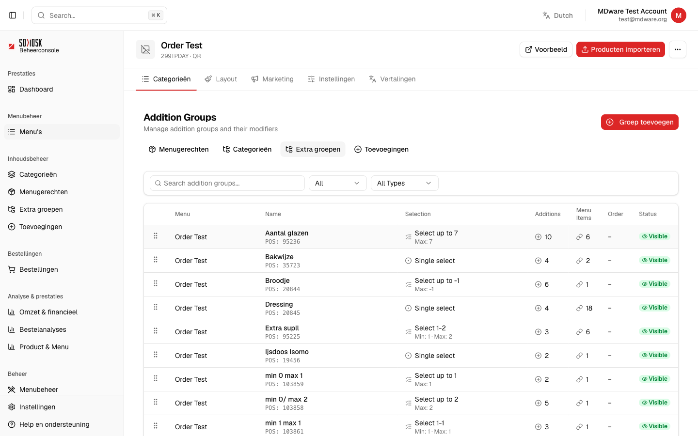 Het overzicht van supplementgroepen met selectietype, aantal supplementen en status