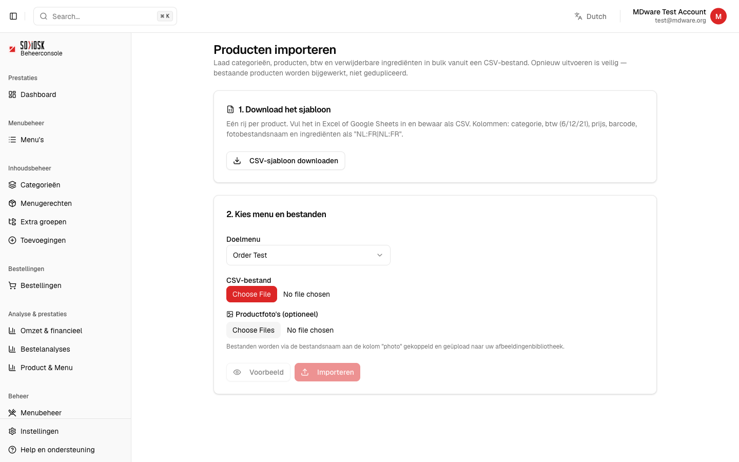 De importpagina met sjabloon downloaden, menu kiezen, CSV en foto's, voorbeeld en importeren