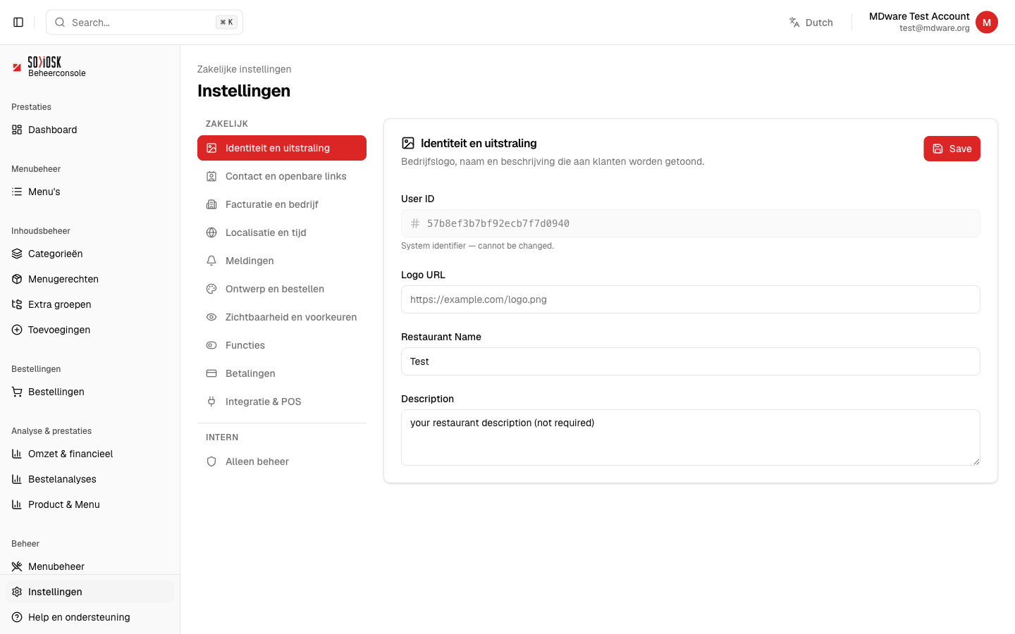 De instellingenpagina met links de onderdelen en rechts identiteit en uitstraling