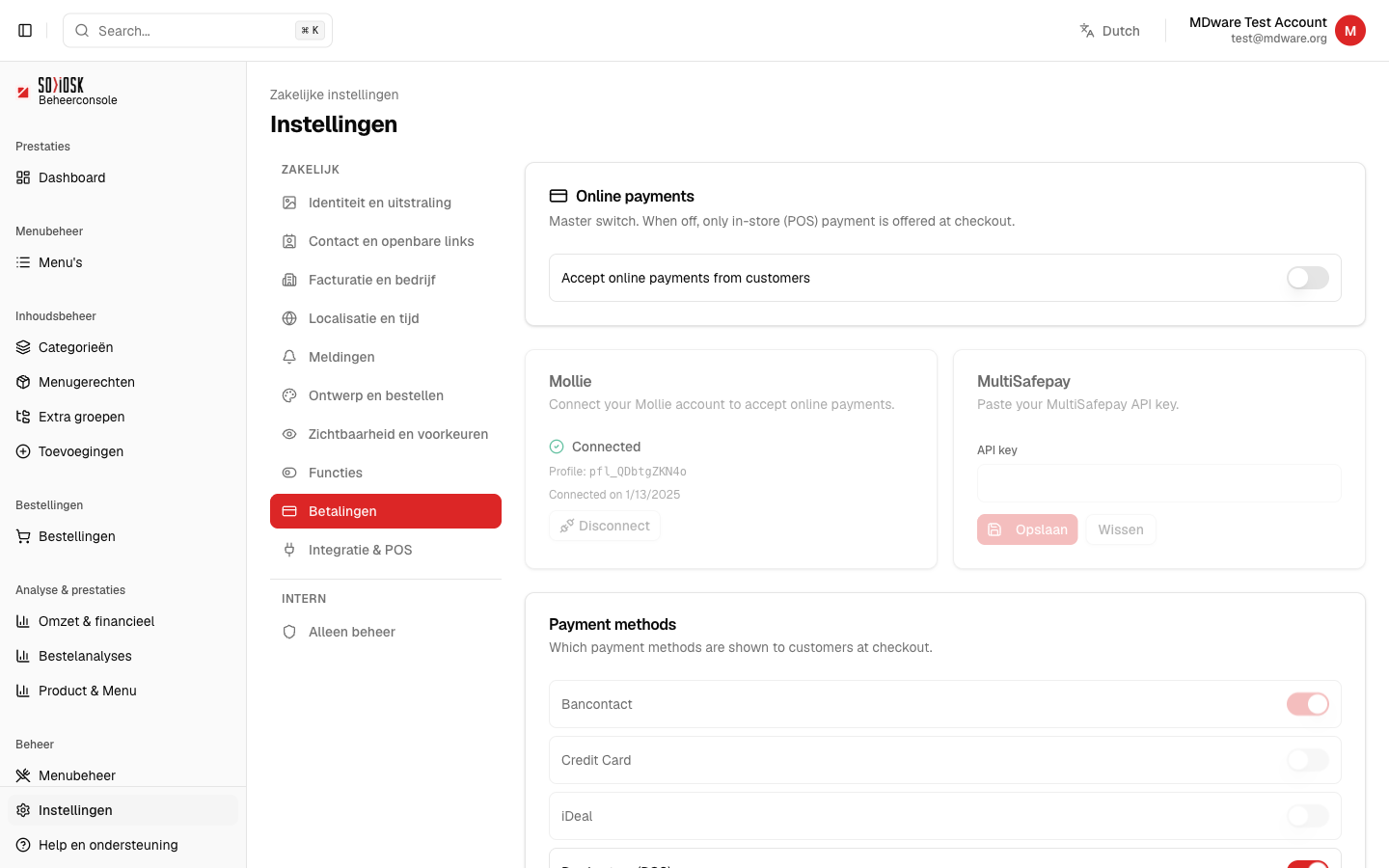 Het onderdeel Betalingen met online-betalen-schakelaar, Mollie/MultiSafepay en betaalmethodes