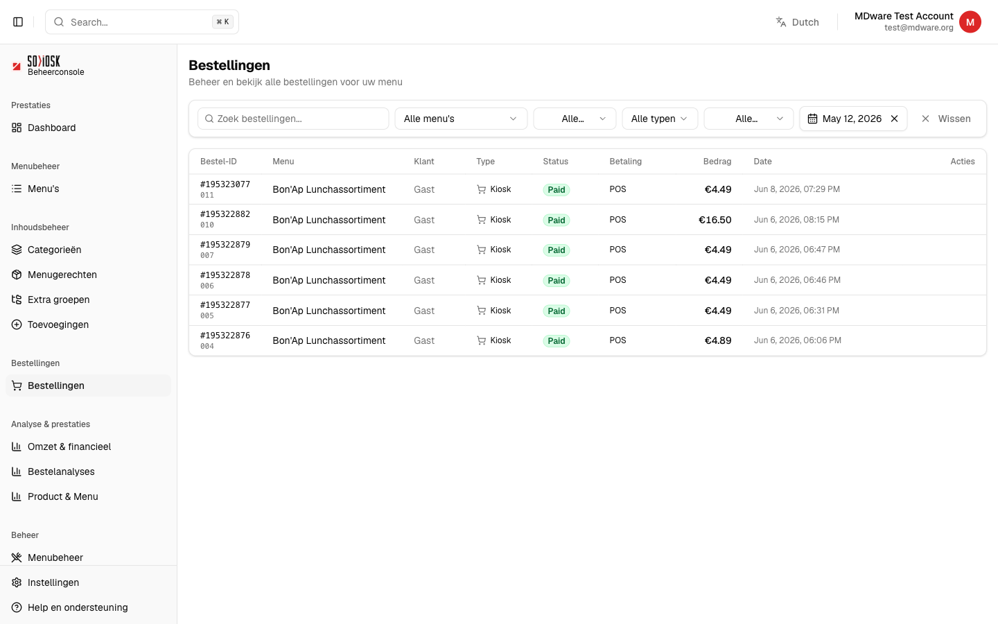 De bestellingenlijst met filters op menu, type, status en datum